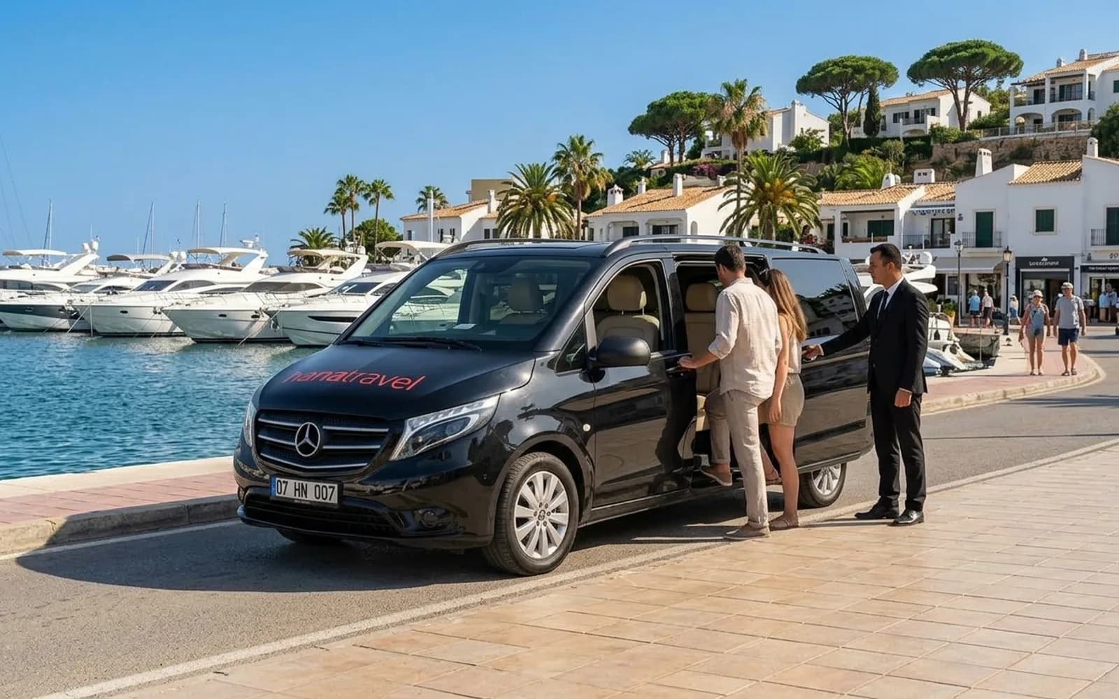 Leather seats, Wi-Fi, room to breathe Couple stepping into the black Hana Travel VIP Vito on a sunny marina promenade with white yachts — Antalya VIP transfer