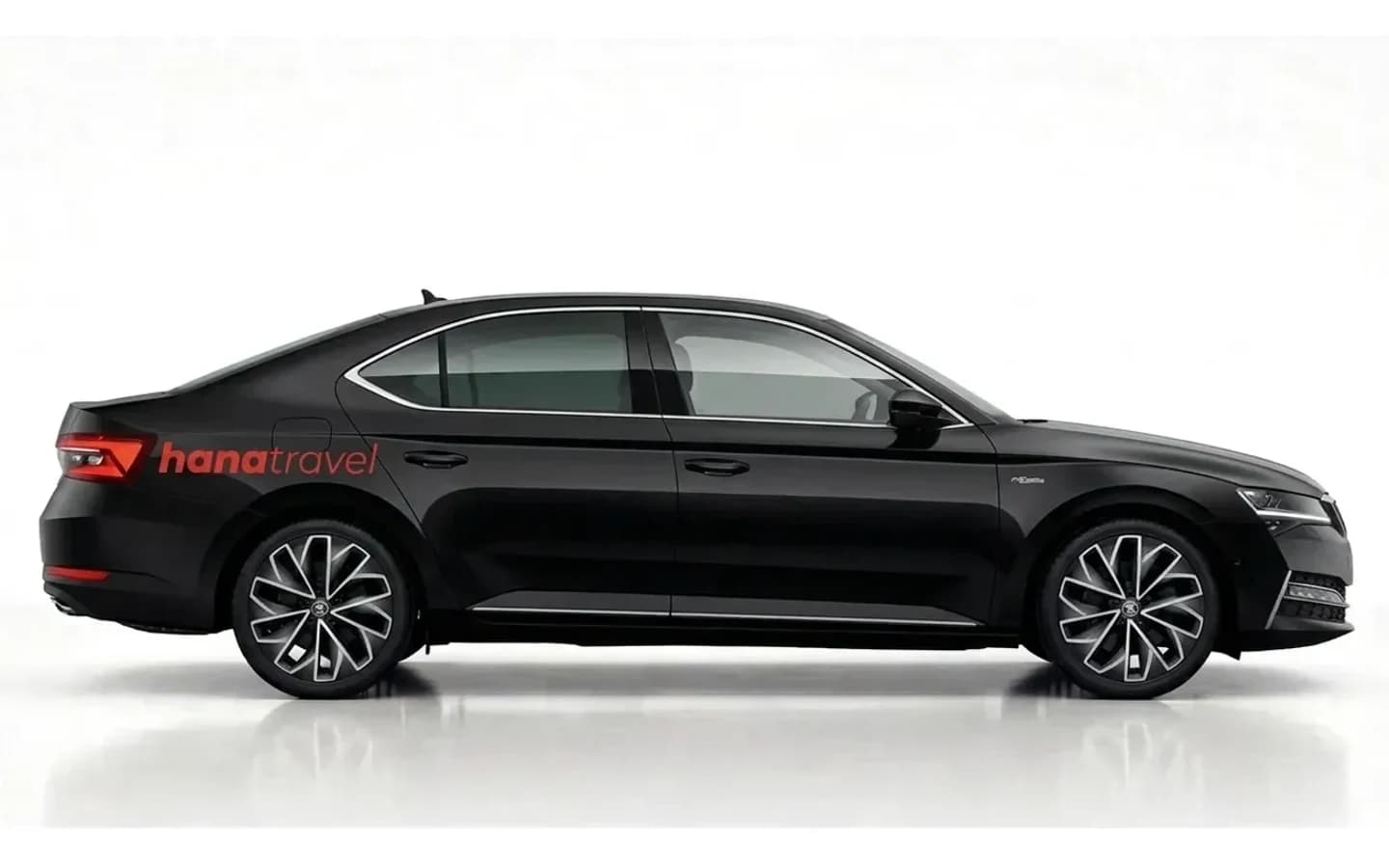 Antalya Airport transfer for 3 passengers. Side view of a black Skoda Superb or Ford Focus on white background for Antalya Airport transfers.