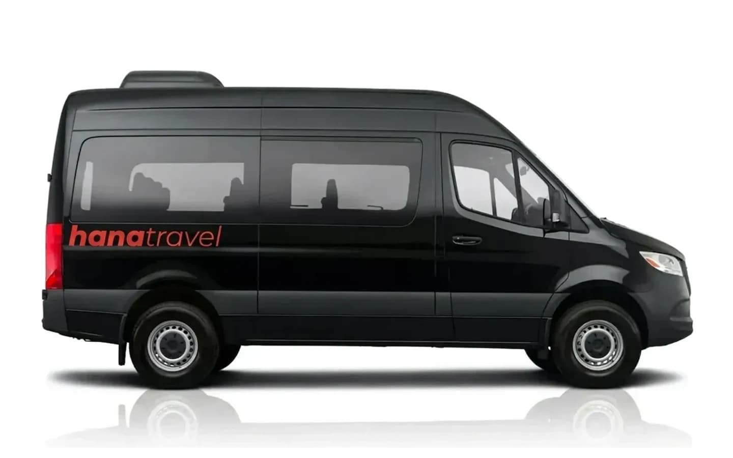 Antalya Airport transfer for 13 passengers. Side view of a black Mercedes-Benz Sprinter on a plain white background.