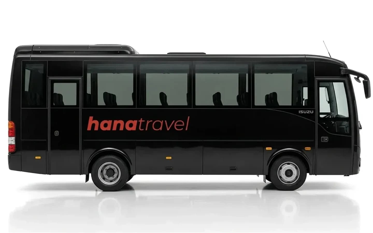 Black Isuzu Novo Ultra airport transfer bus. A studio photograph on a white background showing a side view of a black Isuzu Novo Ultra.